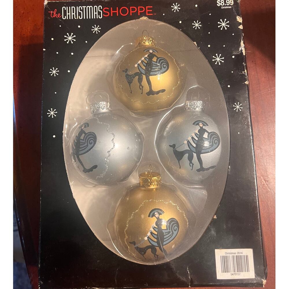 Paris French Lady with Dog Christmas Ornaments Set of 4 In Original Box Whimsy